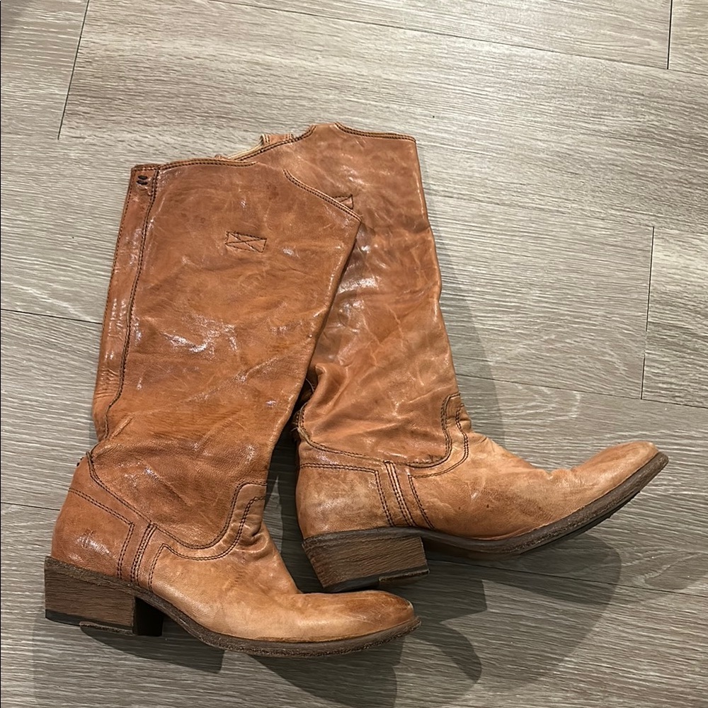 Frye Leather Pull-On Boots – Cognac Distressed Tall Boots